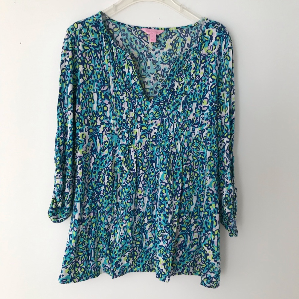 Lilly Pulitzer Shirt Brayden Green Blue Tunic Cotton  Sz Small tab sleeve